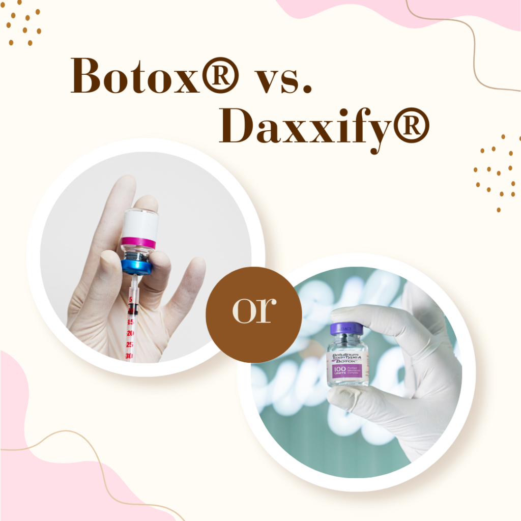 image showing a vial of Daxxify and a vial of Botox with the words "Botox vs Daxxify" above