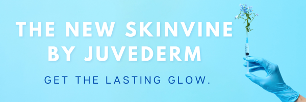 image with light blue background with a hand wearing medical gloves and holding a syringe with flowers sprouting out of the top with the title "The New Skinvine By Juvederm" to the left of the hand